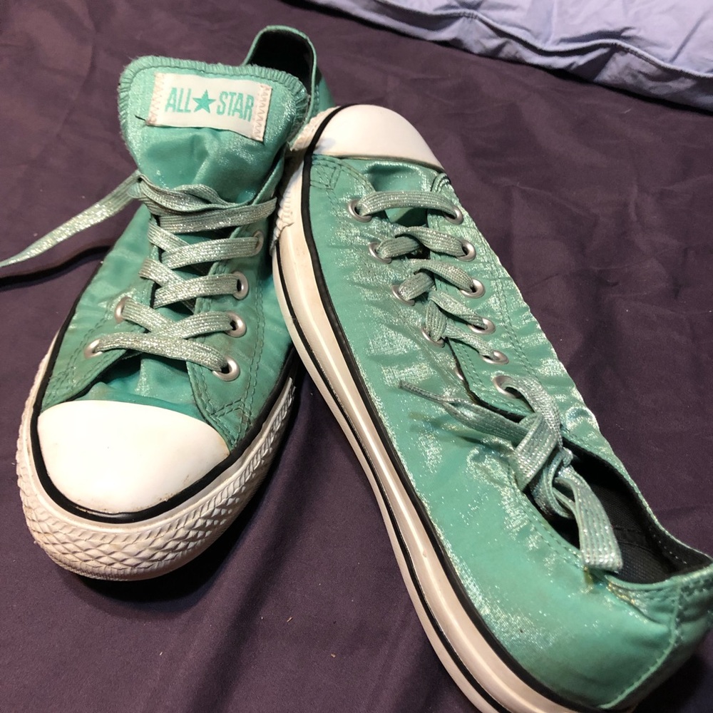 Converse light aqua metallic low tops. EUC